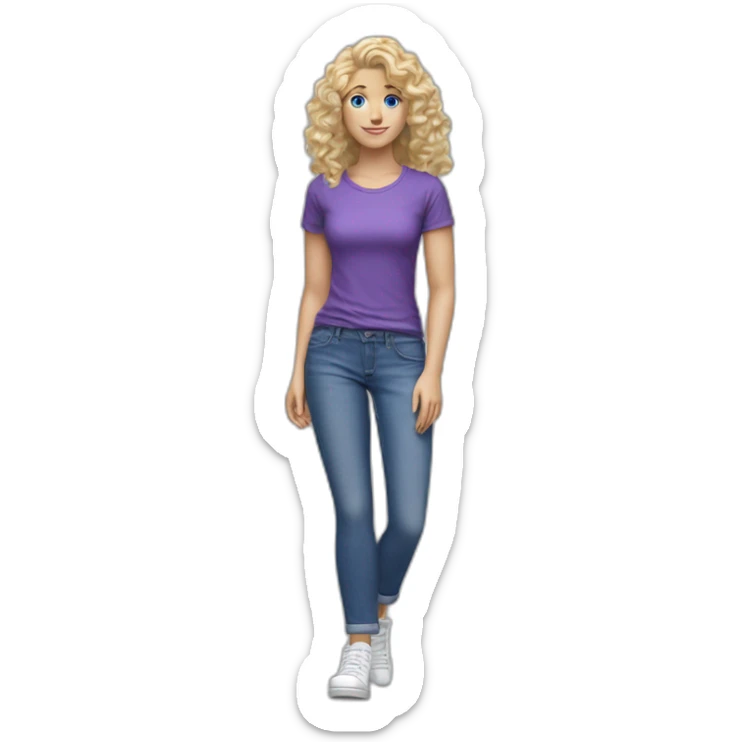 realistic caucasian long curly blonde blue eyed woman purple top blue jeans white sneakers sticker