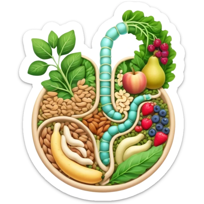 Whole grains, beans, lentils, colorful fruits, leafy greens, and small nuts surrounding an ethereal digestive system with visible intestinal tract. Gentle cleansing light flows through the intestines like a magical river, showing fiber's purifying effect. sticker