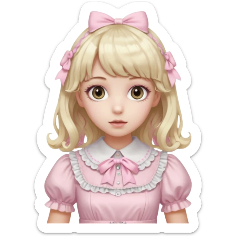 pale girl , who has curly medium length blonde and baby pink swirled hair with bangs , grey eyes , and doll like makeup , in a light pink lolita hime gyaru dress emoji | AI Emoji Generator black hair sticker