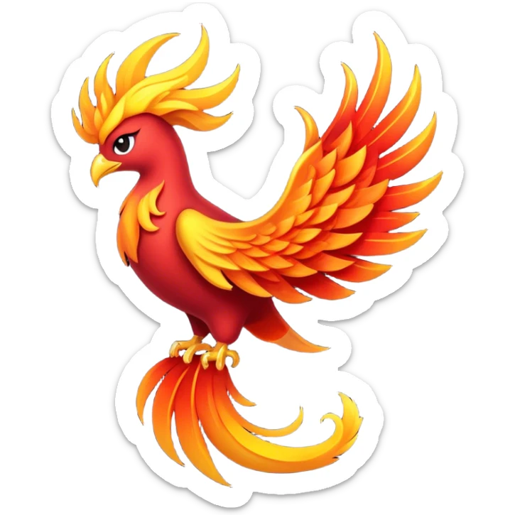 Cinematic Noble Mystical Fire Phoenix Portrait Emoji, Poised and resplendent, with a radiant, fiery plumage in brilliant hues of scarlet, gold, and ember, featuring elongated, elegant tail feathers that flow like molten lava, and piercing, wise eyes reflecting the eternal cycle of rebirth; rendered with lifelike texture and luminous natural highlights, high shine, majestic and awe-inspiring, styled with an aura of mythic resurgence, focused and regal, soft glowing outline, capturing the essence of a legendary phoenix rising from the flames with timeless grace! sticker