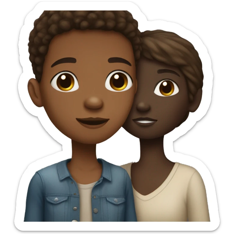 An African-American boy kissing a girl has white skin and straight and brown hair sticker