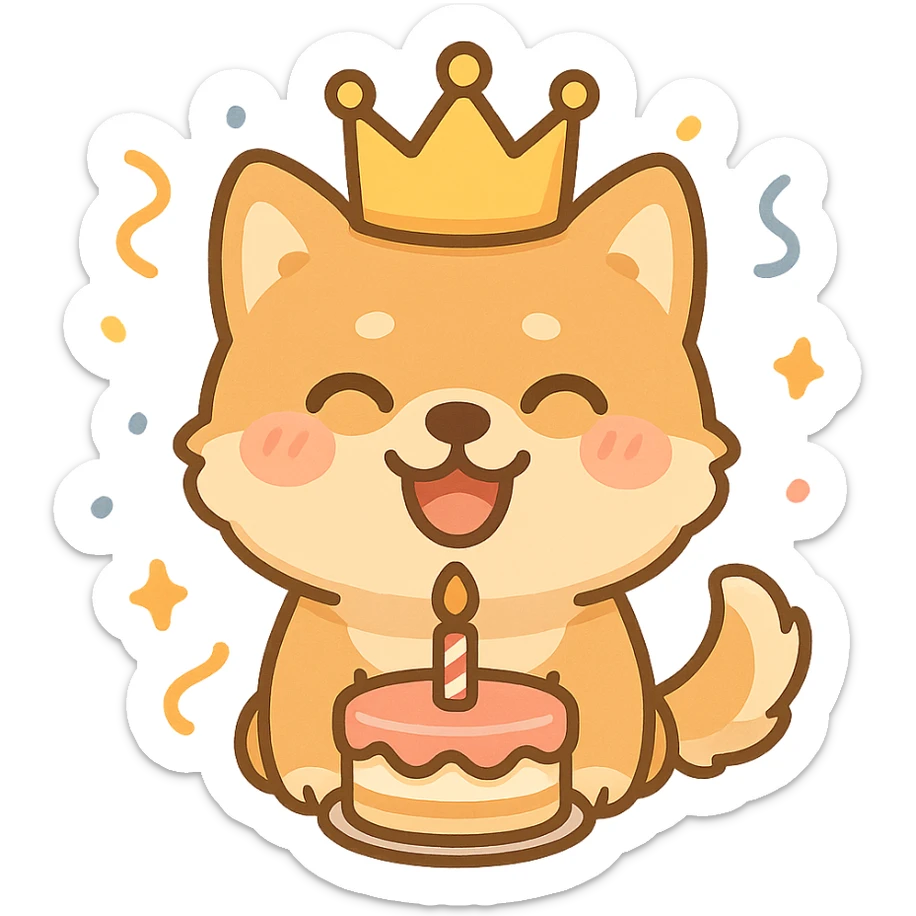 happy dog with a birthday crown, cake in front, confetti around, party atmosphere, clean background sticker