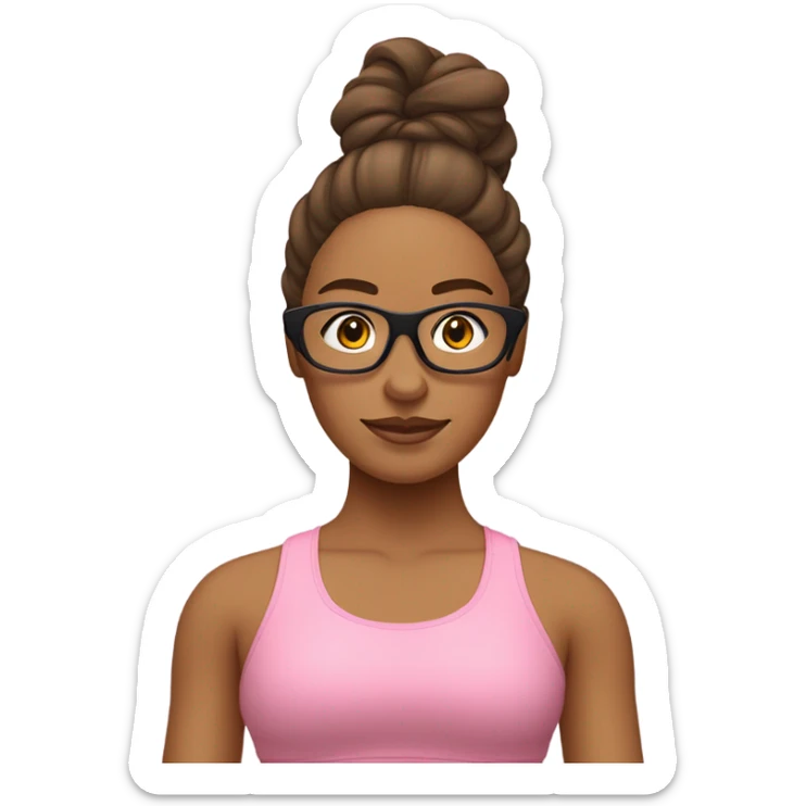 emoji de chica relizando yoga, usa lentes de maco dorado y sin finos, tiene un traje de gimnasia rosado y su cabello es cobrizo sticker