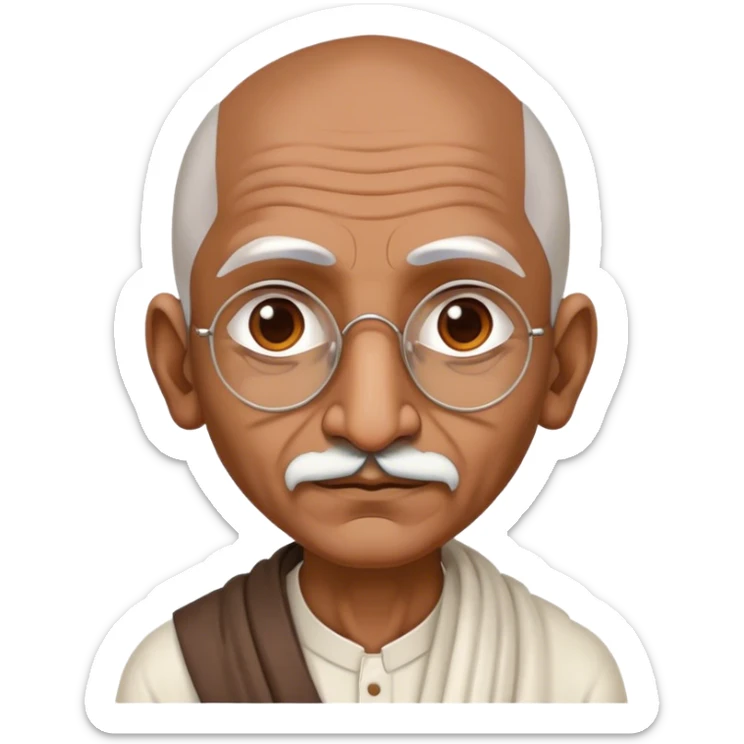 Cinematic Realistic Mahatma Gandhi Portrait Emoji, depicted as a humble, wise leader in simple attire with a serene determined expression, rendered with soft textures and warm natural lighting that captures his peaceful yet resolute spirit. sticker