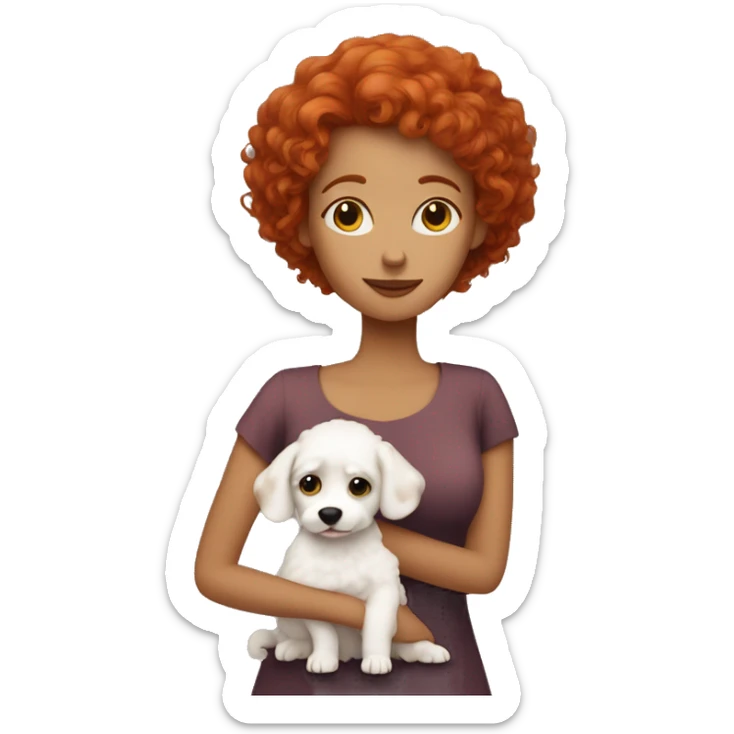 Short curly red hair women with a white maltense small dog hugging sticker