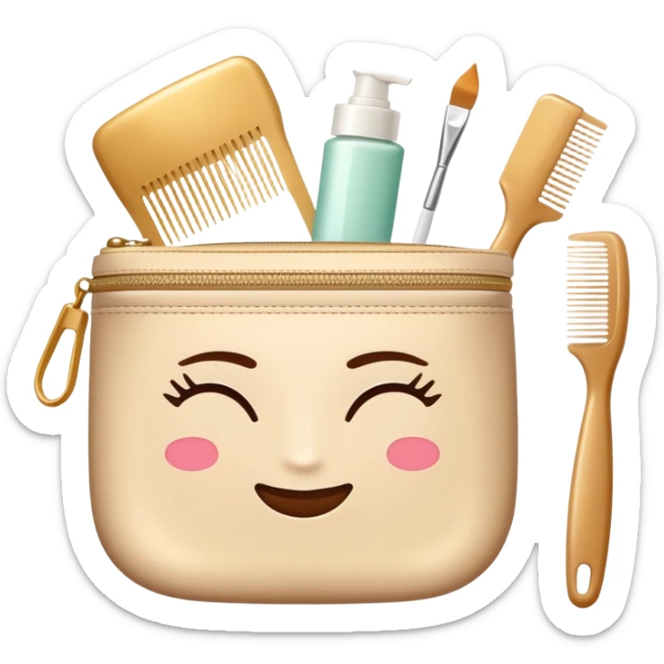 Lux A comb, an elastic band, a hairpin and face cream are in a beige cosmetic lux bag without eyes and month  sticker