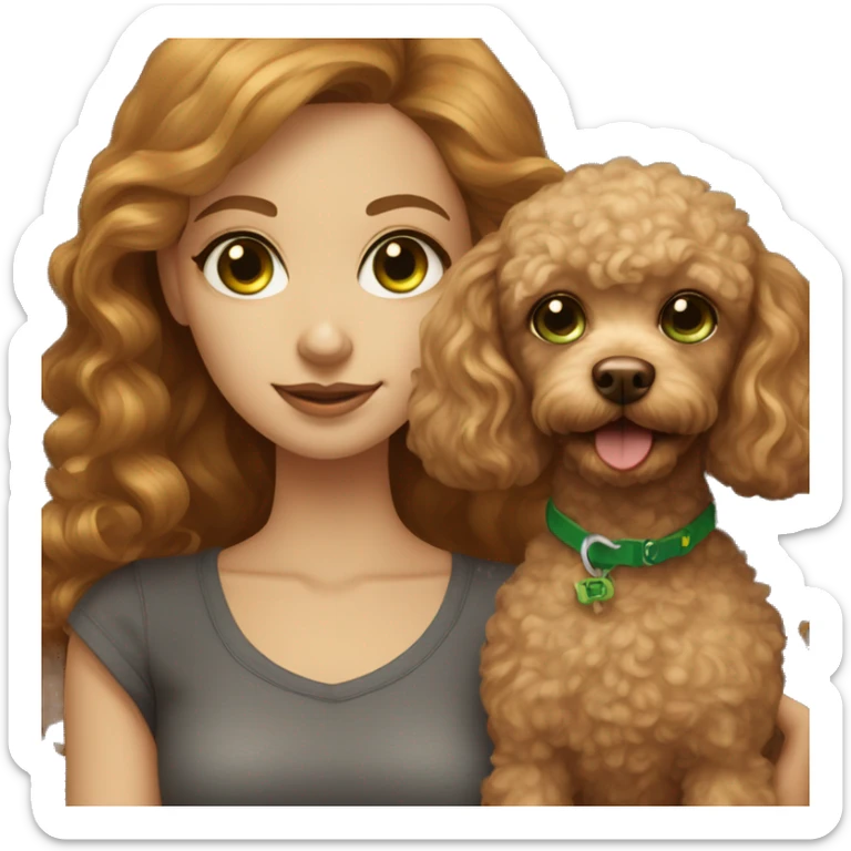 Brown/golden hair girl with green eyes and with a toy poodle sticker