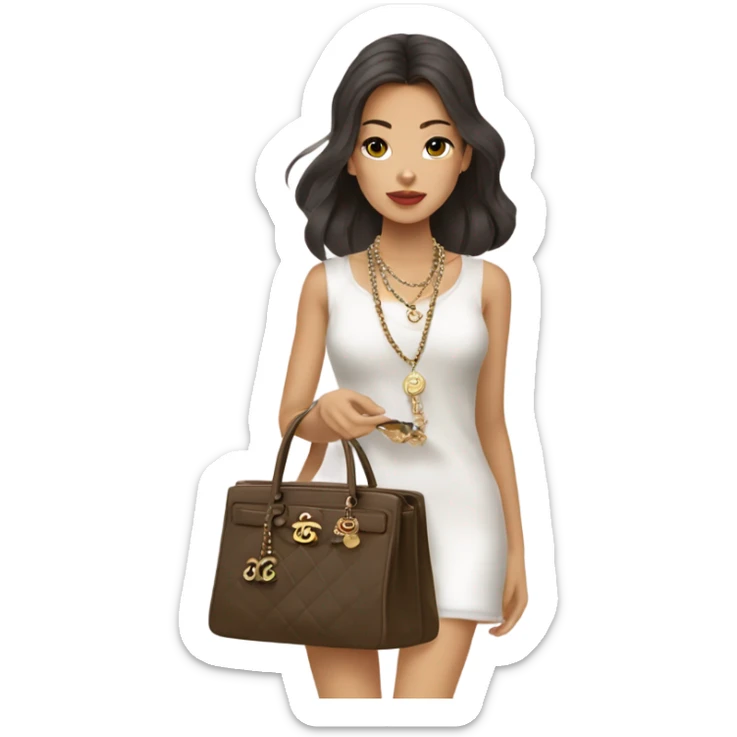 Brunnete Chanel Asian Girl with Birkin bag and Chanel necklace sticker