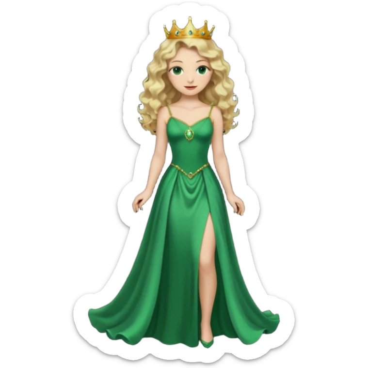 Queen, crown, blonde wavy hair, green eyes, long green narrpw dress, whole Body, sticker
