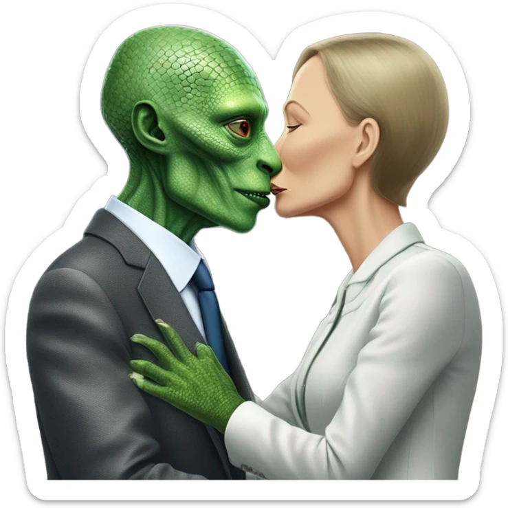 a Reptilian alien woman kissing Vladimir Putin  sticker