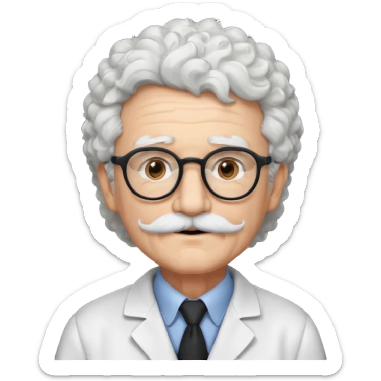 An elderly scientist emoji fluffy curly white hair, brown eyes behind black-framed glasses, a narrow pointed face, and a thin straight white mustache above his mouth. sticker