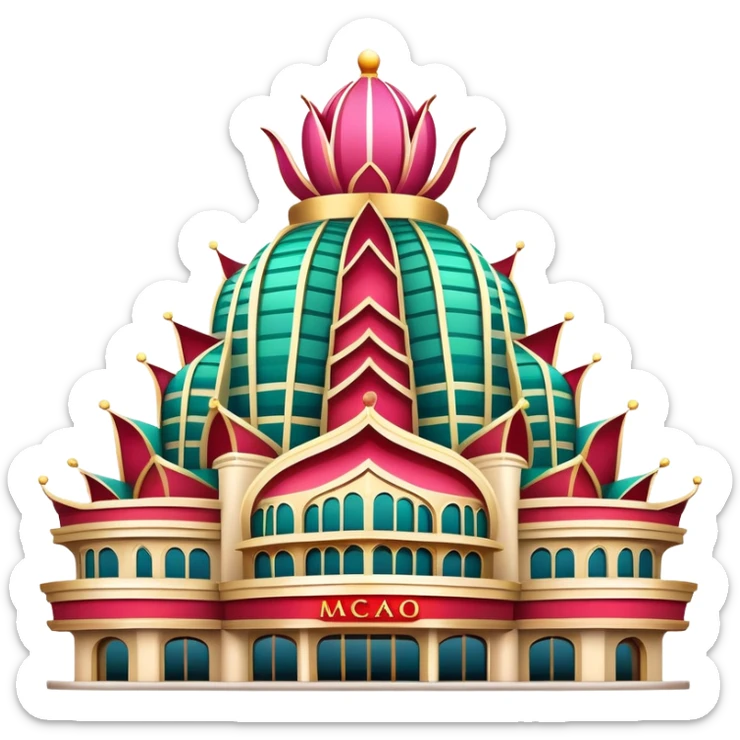 Macao Grand Lisboa Casino building, simplified emoji style with bold outlines and bright colors, cartoon style distinctive lotus-shaped tower sticker
