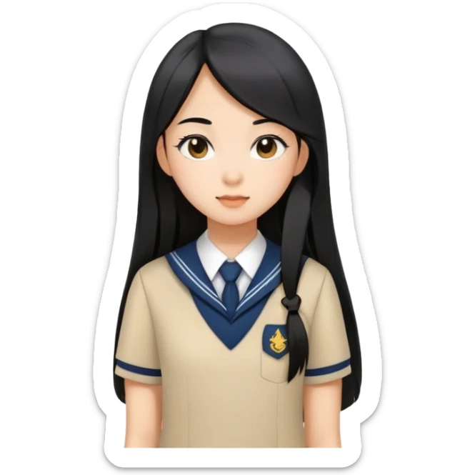chic girl with Asian skin tone, wearing a school uniform, long straight black hair sticker