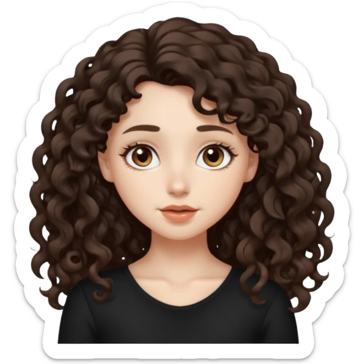 Aesthetic white girl with long curly hair color dark brown, hair most be in front of the shoulders (hair in front of the shoulders, less voluminous). Big almond shape eyes color brown, small wide nose, natural lips, sweet expression. Dressed with a cute tight top color black.  sticker