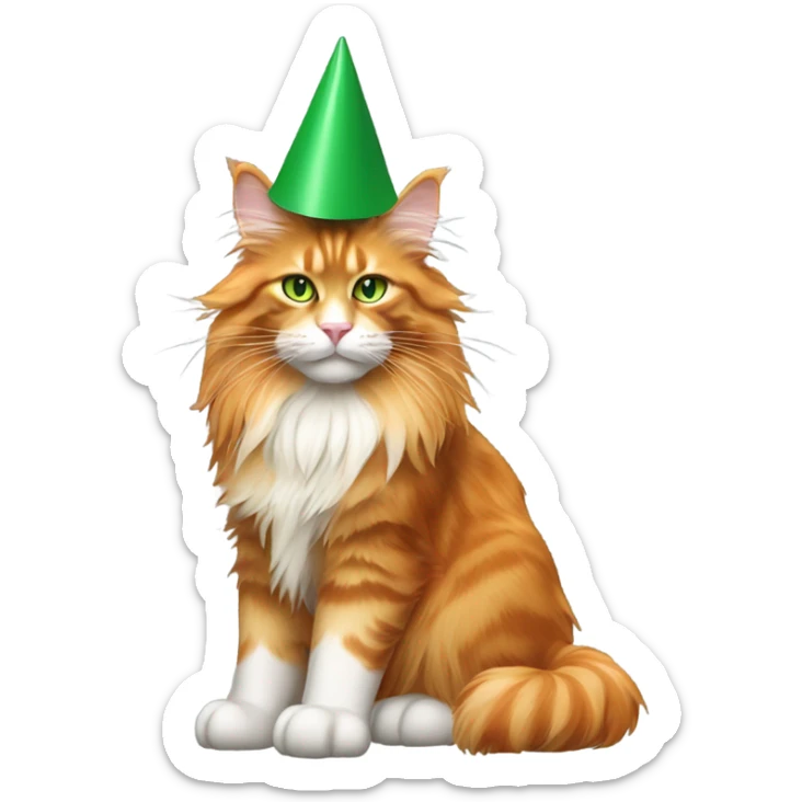 full body of orange maine coon cat with green eyes wearing a party hat with a pom-pom  sticker
