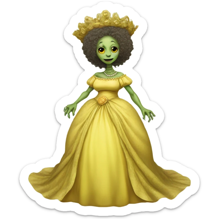 Pregnant reptilian alien woman, full body, in victorian jellow elegant dress, have a crown sticker