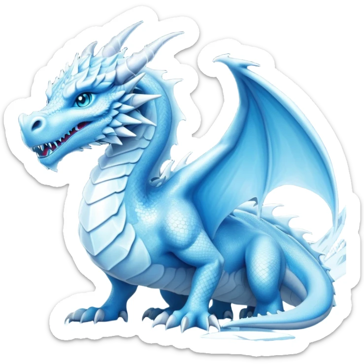 Cinematic Noble wise elegant Ice Dragon full body  Emoji, Poised and imposing, distinct long elegant snout, with a slender, scaled body shimmering in glacial hues of icy blue, frostbitten silver, and crystalline white, breathing out frost, with piercing, glowing ice blue white eyes that radiate the chilling depths of an arctic storm; rendered in detail. excuding wisdom sticker