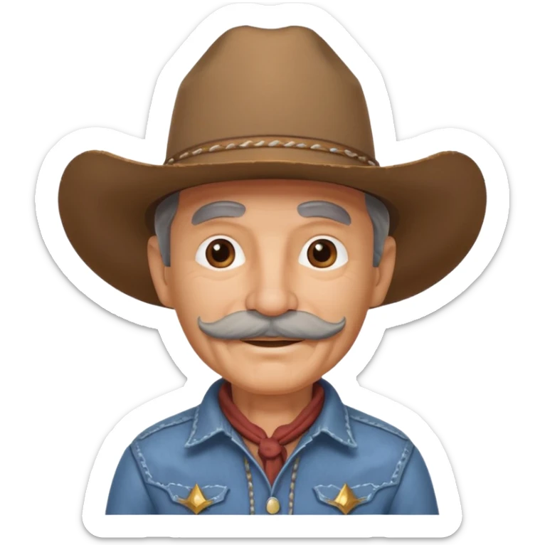 cute old cowboy portrait, head and shoulders only, cowboy hat, grey mustache, wrinkles, warm smile, western outfit, 3D cartoon, mobile game icon style, clean background, no text, no watermark
 sticker