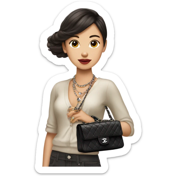 Brunnete Chanel Asian Girl with Birkin bag and Chanel necklace sticker