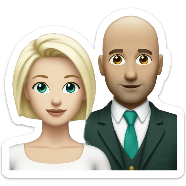 Couple. White skin. Male bald. Woman blonde. 35. Teal eyes.  sticker