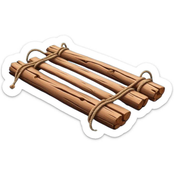 showing a simple wooden raft floating on calm blue water — made of several brown logs tied together with rope — gentle ripples around it — bright, cheerful lighting and soft shadows — minimalist, clean emoji design sticker