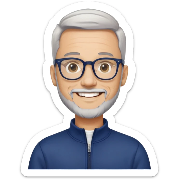 Light-skinned man with tight fade haircut (nearly shaved sides fading to very short on top), short graying beard, big black glasses frames, happy smile, navy blue zip-up sweatshirt with long sleeves sticker
