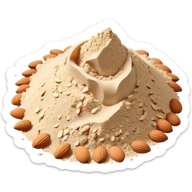 small pile of almond powder, finely ground, off-white to pale beige, grainy, uneven surface, soft lighting, subtle shadows, no bowl, no utensils, no faces, transparent background, emoji scale sticker