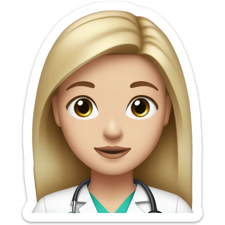 white girl, green-blue eyes, light brown straight hair, pink scrubs, pink lips, doctor sticker