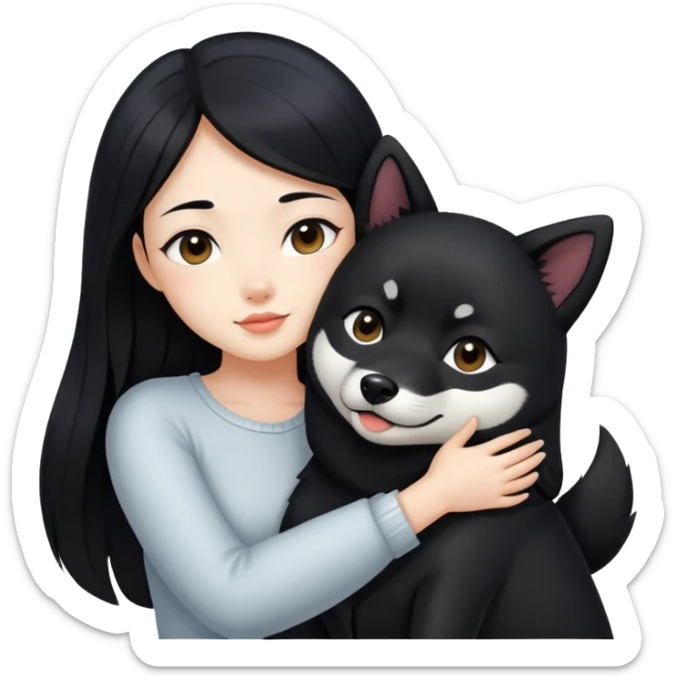A beautiful girl with long black hair hugs a black Shiba Inu sticker