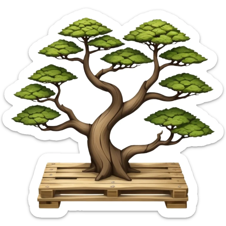 standing slanted bonsai trees on a  rack made from the wood of old oak pallets  sticker