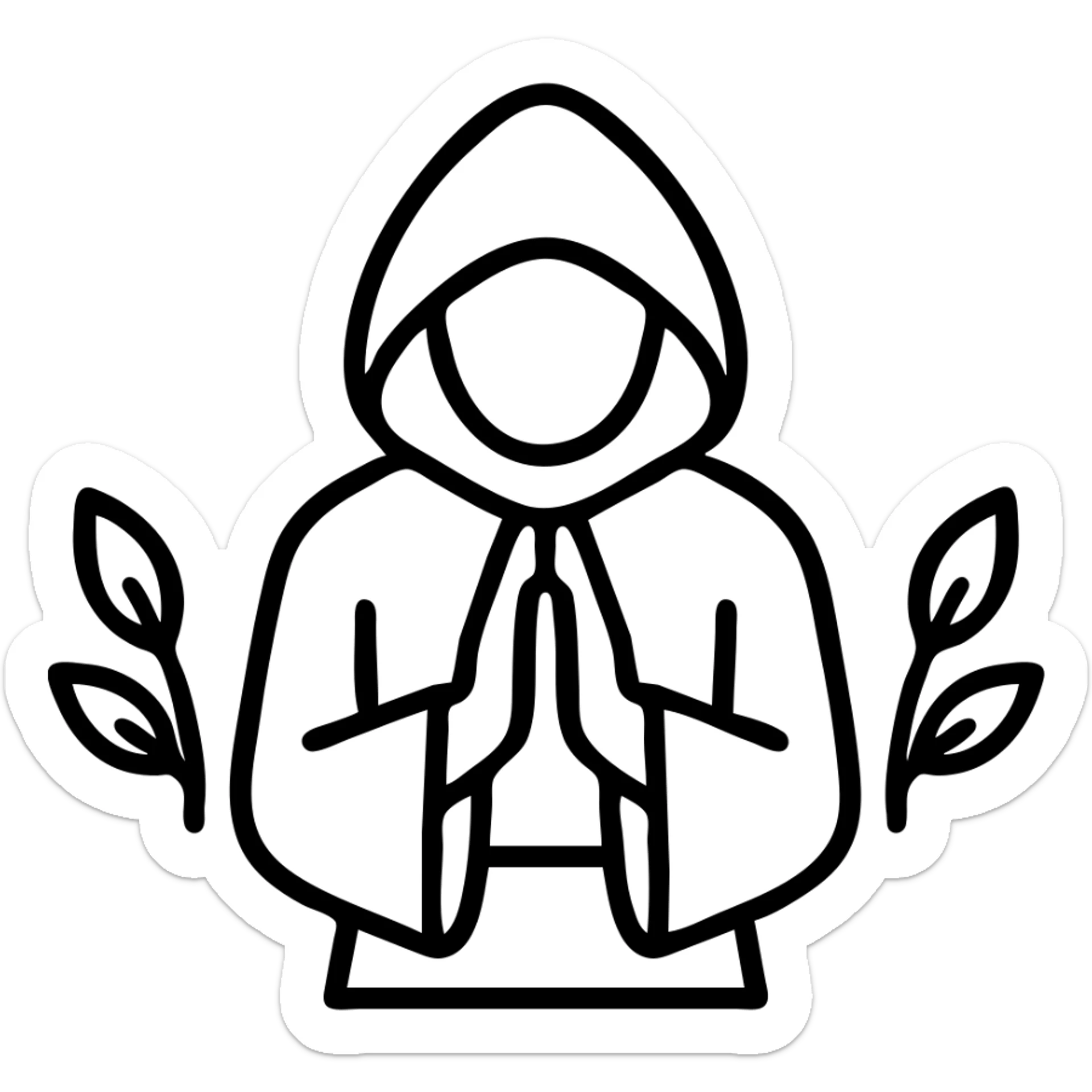 minimalist icon of a hooded monk in prayer with hands together, no face, wearing a robe with loose sleeves, two symmetrical leaves on each side, line art in earthy brown tones on light parchment background, logo style Monachus, icon style sticker