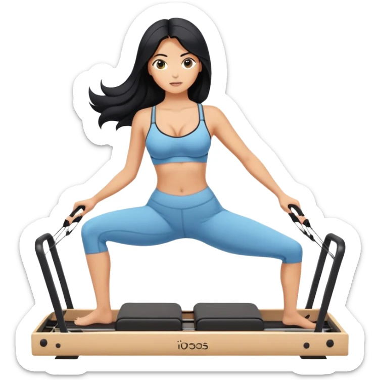 woman with bra, tanned long black hair, doing Pilates reformer sticker