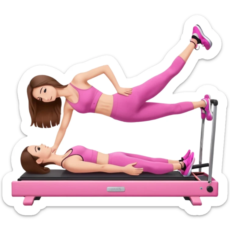 long brown hair girl doing a plank on a pilates reformer in a pink workout set sticker