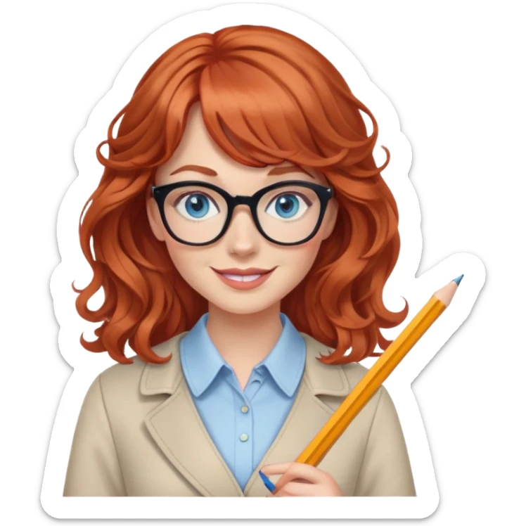 redheaded woman with wavy hair and bangs, blue eyes, glasses, chic outfit, holding a pencil, smiling sticker