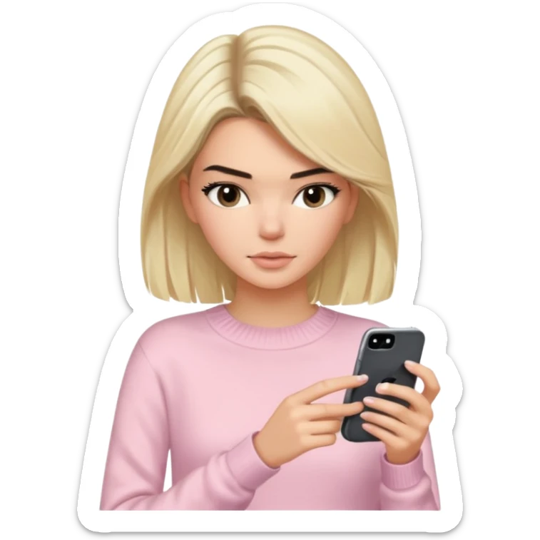 Kendall Jenner with blonde hair and a light pink sweater typing in a iphone sticker