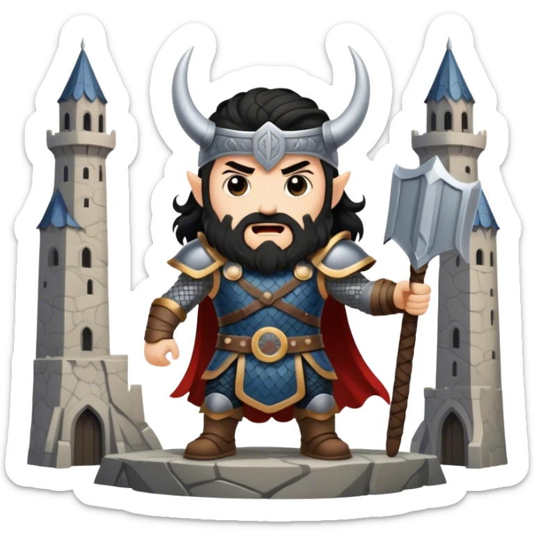 vikingo con armadura de Asgard, pelo negro ondulado, de pie, grito de guerra en torre de Asgard. sticker