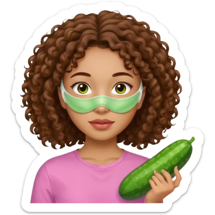 lightskin girl with green skincare facemask and cucumbers and brown curly hair and a pink shirt  sticker