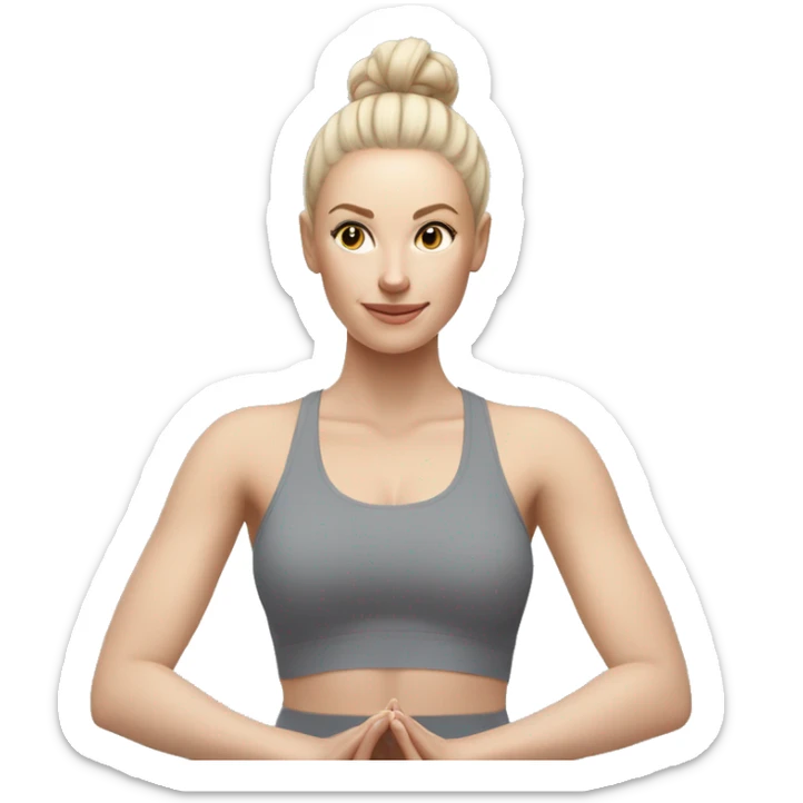 Pale skinned fit woman In a gray tight yoga suit and wristbands With ash blonde hair in a bun doing yoga sticker