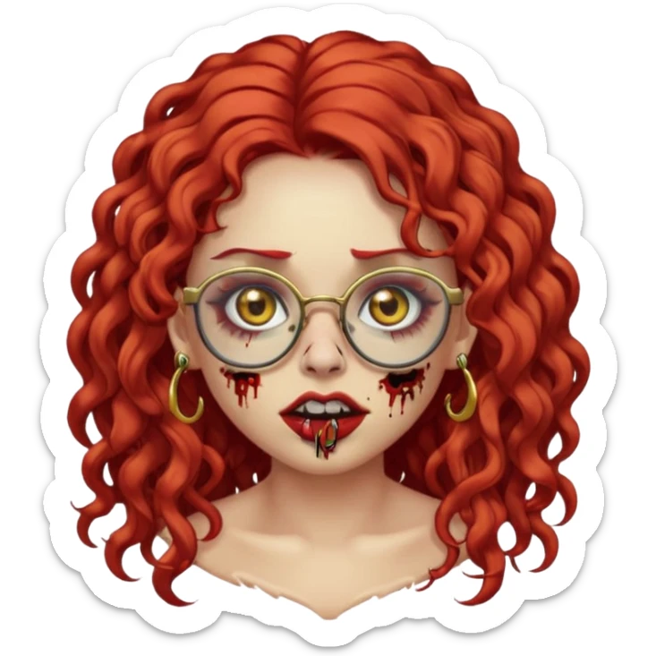 zombie girl emoji with long red curly hair, thick lashes, black glasses, gold nose piercings on each nostril, and a gold eyebrow piercing. sticker