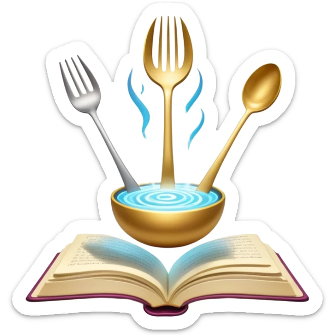 Ethereal floating cookbook with luminous aura, mystic fork and spoon symbol on cover radiating with magical energy, recipe collection sticker