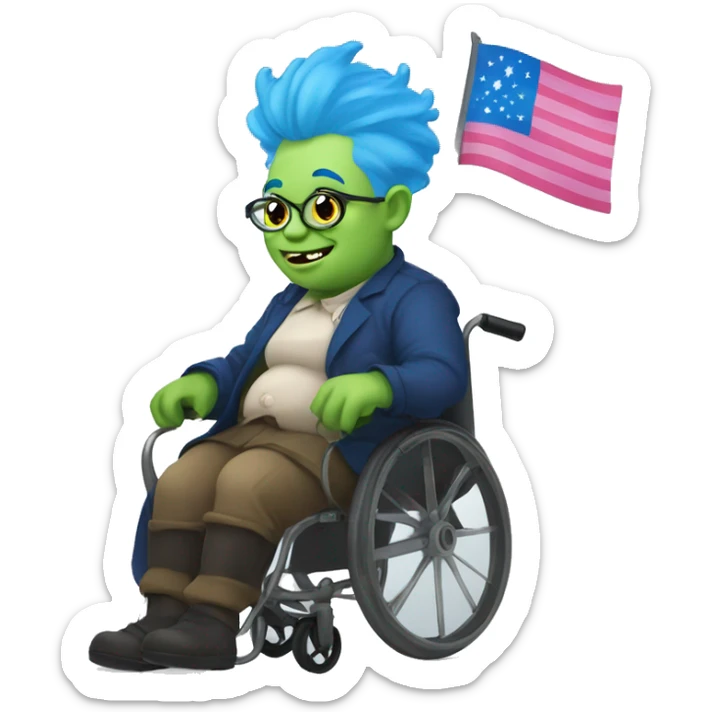 fat gay ugly goblin barista in a wheel chair. trans flag background . blue hair sticker