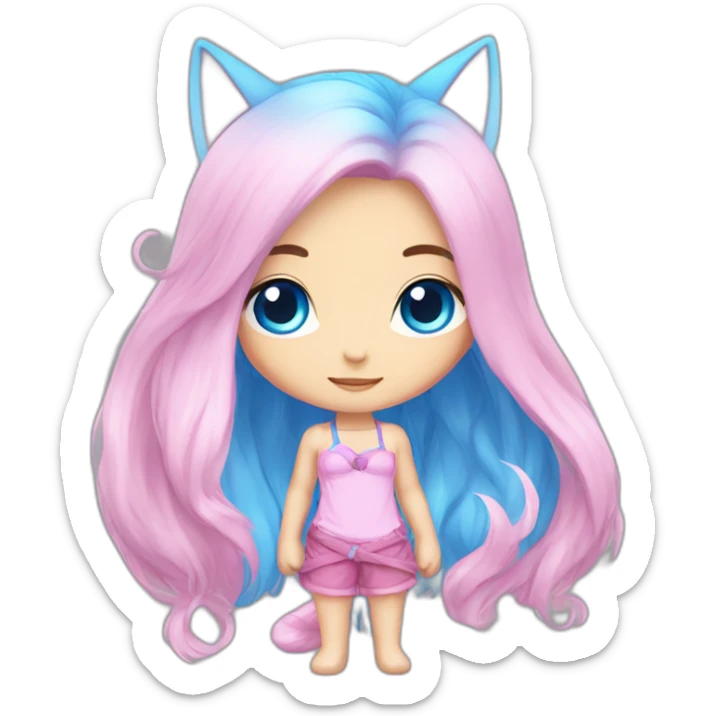 a cute chibi catgirl with blue eyes and long hair. hair on the left side is blue and went into pink. hair on the right side is pink and went into blue sticker
