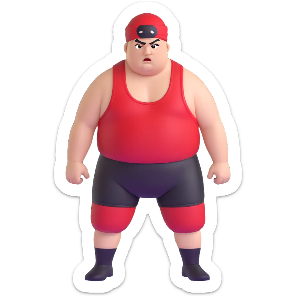 Close-up of white skin fat guy with prominent black durag, completely shaved face, no beard or mustache, black eyes in a red and black wrestling singlet with angry face sticker