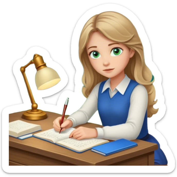 a girl with dark blonde hair and green-blue eyes writing a novel at her desk in the woods sticker