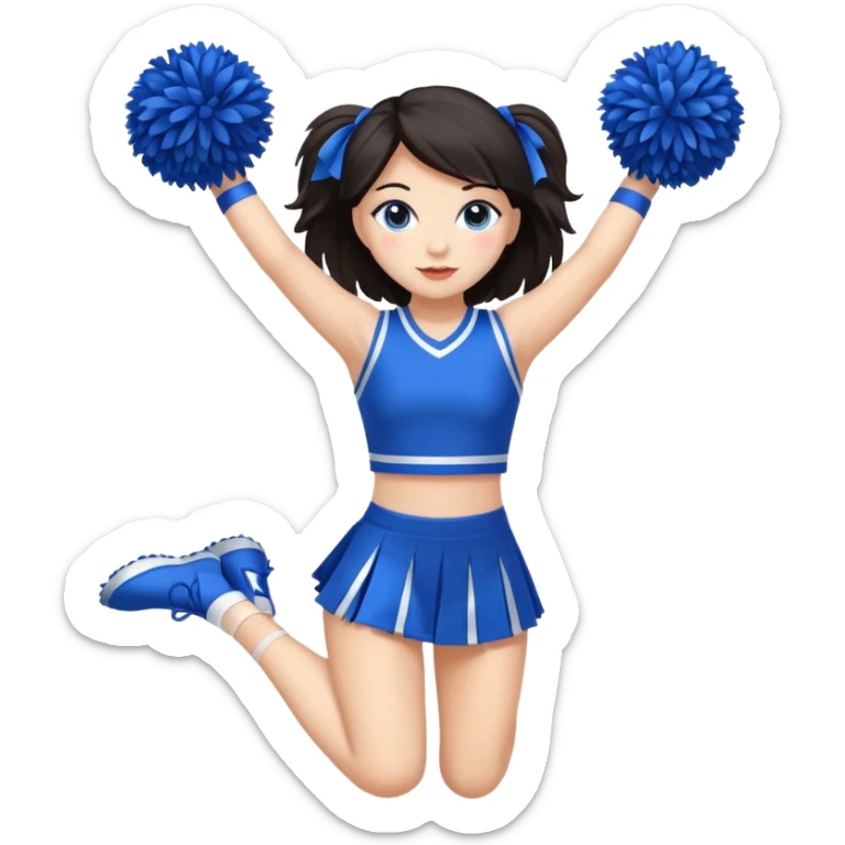 give me a full-length cheerleader with dark hair and blue pom poms sticker