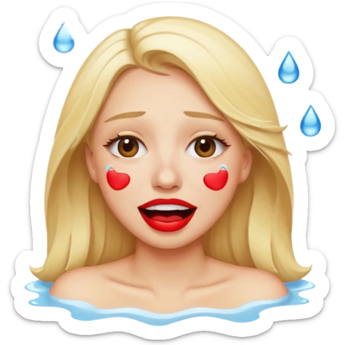 blonde having crying emoji tears (water-emoji) from hard laughter. really happy in general, happy eyes. red lipstick sticker