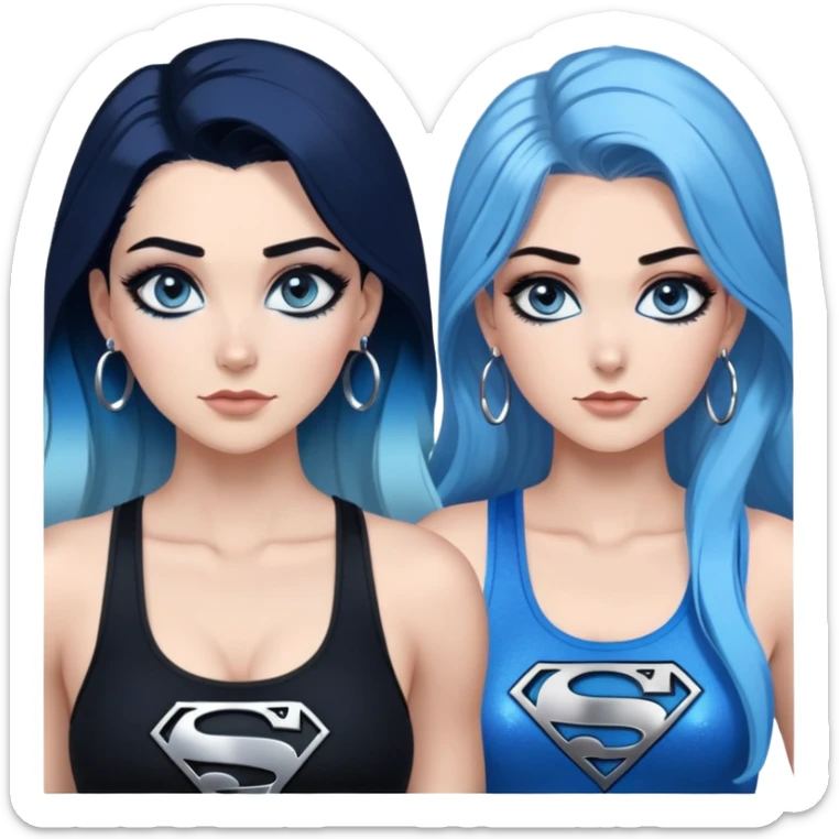 Full body-very very large chest-gorgeous face-black leggings-very long very straight dark blue to light blue ombre hair-and-blue eyes-a lot of black eyeliner-thick long eyelashes-sky blue low cut tanktop with glitter superman logo-silver hoop earrings sticker