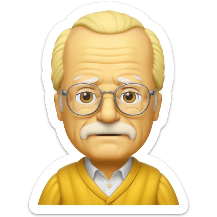 A 3D cartoon close-up of Grandpa Abe Simpson from The Simpsons, rendered in Memoji-style with bald yellow head, white tufts of hair on the sides, wrinkled face, glasses, and warm lighting. Match the Simpsons family color tone and style, yellow dress. sticker