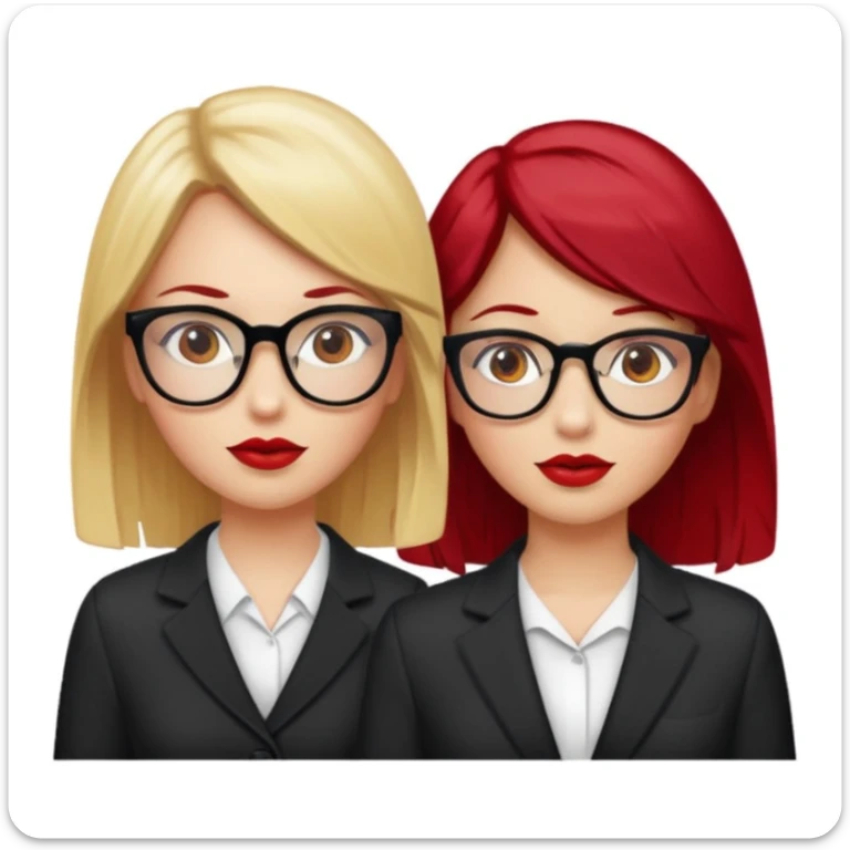 Two white girls, one has blonde hair, brown eyes and glasses and the other one has cherry red hair, brown eyes and red lips sticker