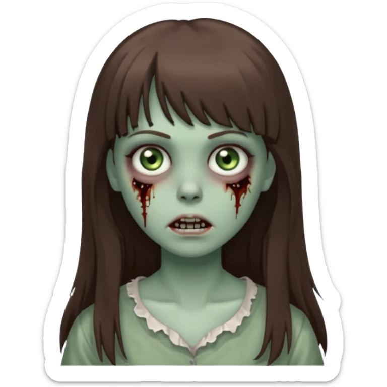 zombie girl with gray-green eyes and long brown hair with bangs sticker